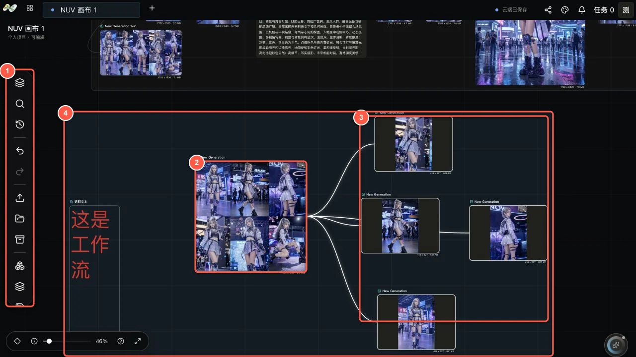 NUV 画布工作流，标注了左侧工具栏、输入节点、输出节点连线和 Group 范围