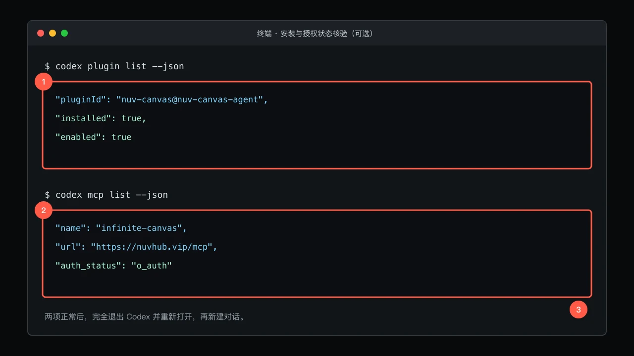 终端中核验 NUV Studio 插件已安装启用且 infinite-canvas MCP 已完成 OAuth