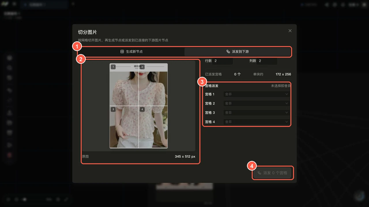 NUV 图片切分派发到下游弹窗，编号标出模式、宫格预览、下游分配和派发按钮