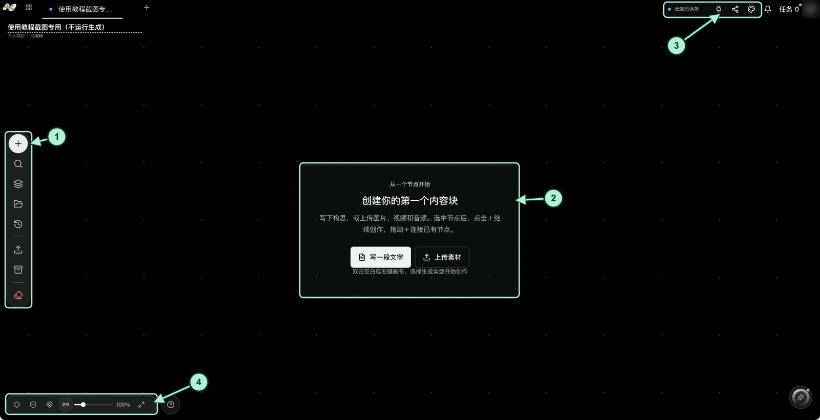 真实教学空画布:1 左侧工具栏,2 中央起步提示,3 右上保存状态与连接 Agent,4 左下缩放控件。