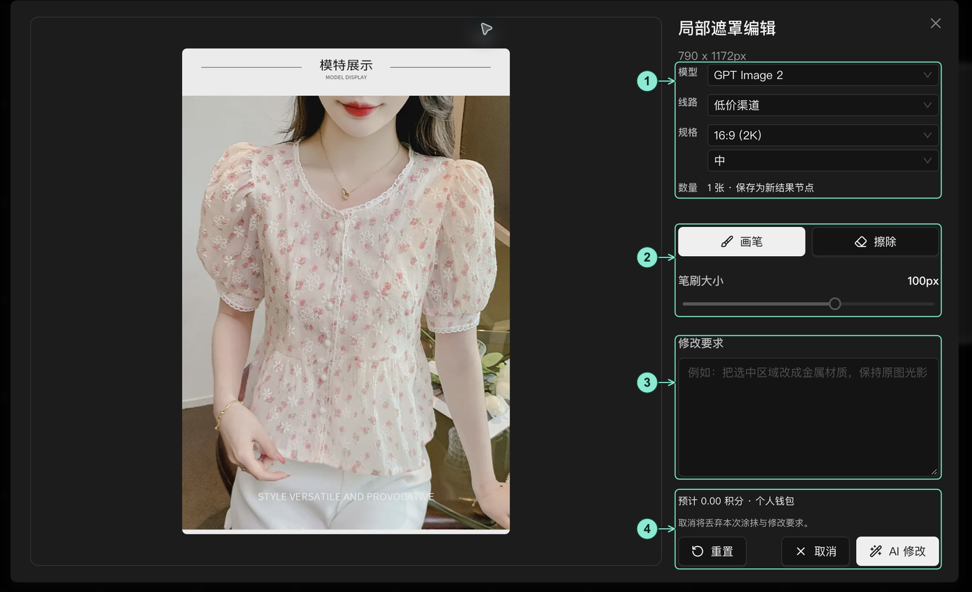 真实局部遮罩编辑窗口:左侧为未涂抹的来源图;1 模型、路线与规格,2 画笔、擦除与笔刷大小,3 空白修改要求,4 费用提示与 AI 修改按钮。
