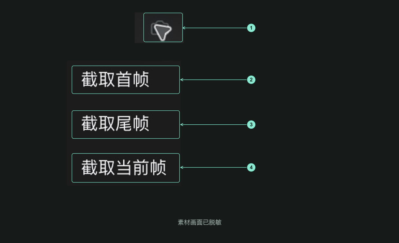 只保留真实控件的截帧菜单,素材画面已脱敏:1 截帧入口,2 截取首帧,3 截取尾帧,4 截取当前帧。